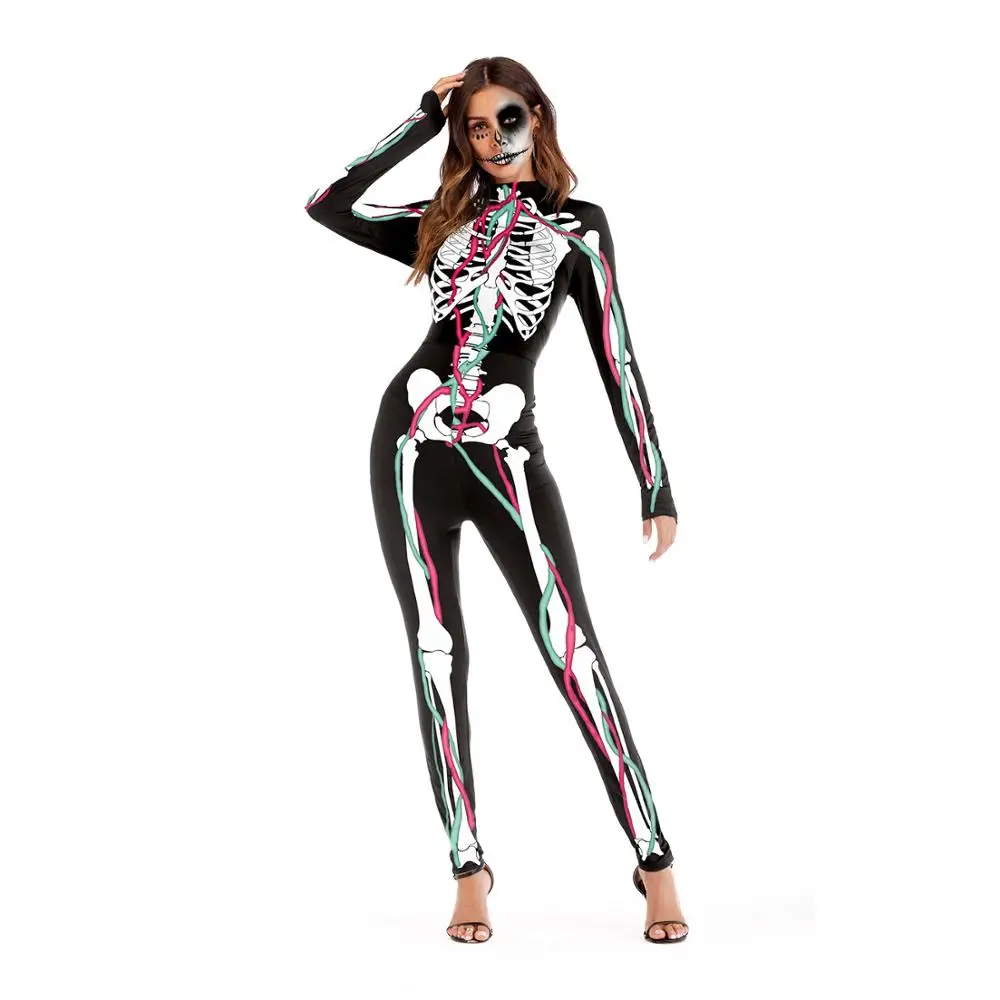 

Nadanbao brand Vintage Skull Printed Effrayant Costume Noir Maigre Salopette Body Halloween Cosplay Costume For Women, Photo