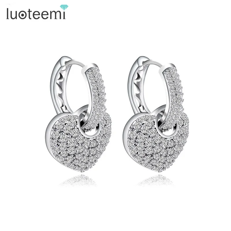 

LUOTEEMI Stock New Arrival White Gold Silver Plated Cubic Zirconia Mirco Paved Heart Shaped Engagement Hoop Earrings For Women