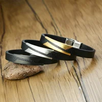 

POYA Jewelry European and American Fashionable Men Stainless Steel Inclined Sheet Curved Brand Ultrafine Leather Bracelet