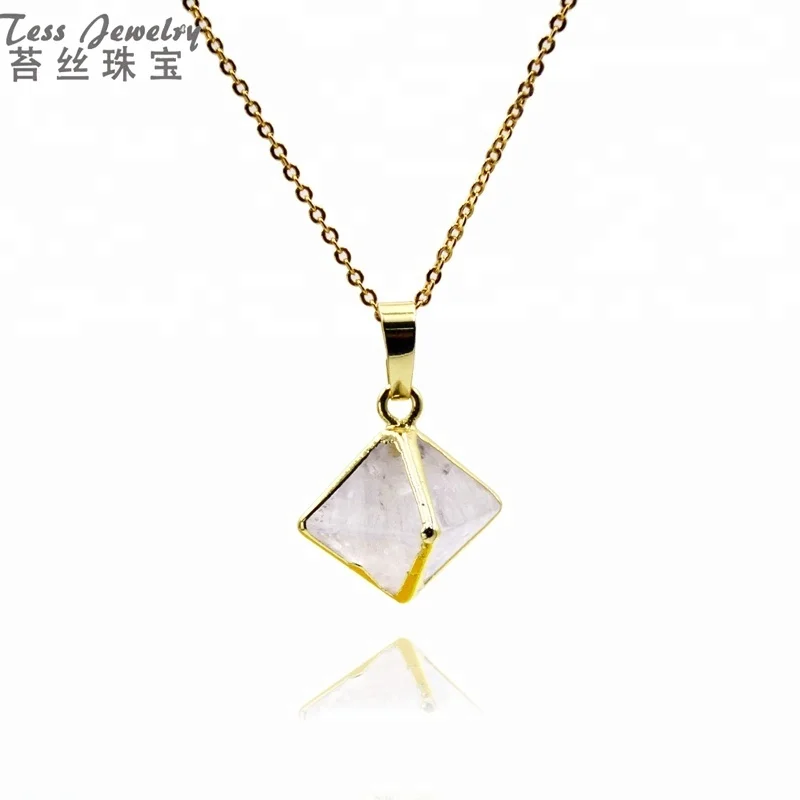 

Fashion New Style Point Diamond White Quartz Stone Pendant Necklace Rock Crystal Gold Plated Necklaces with Chain, White crystal quartz pendant necklace
