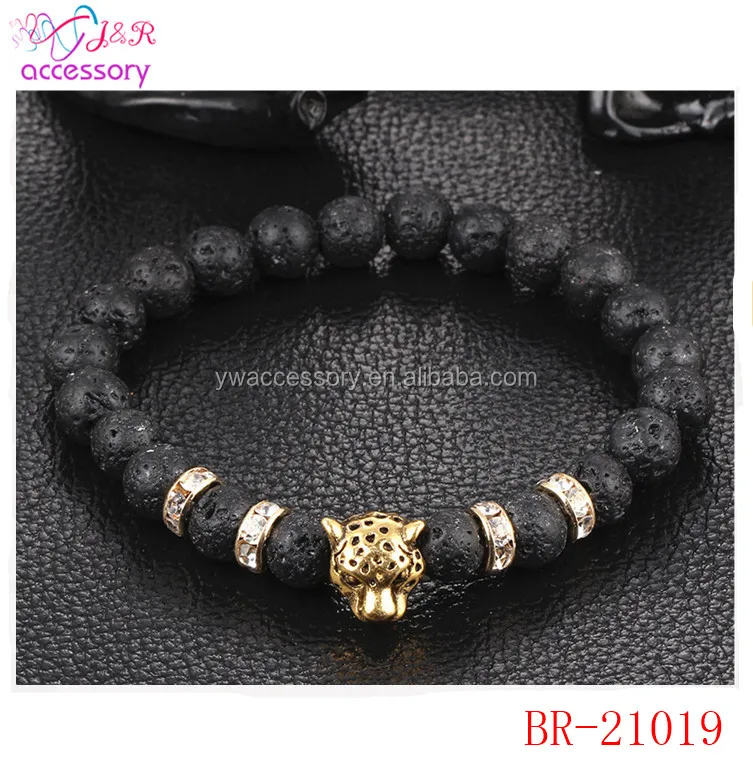 

Black lava bead leopard head bracelet, mens lava stone bead bracelet, As the picture