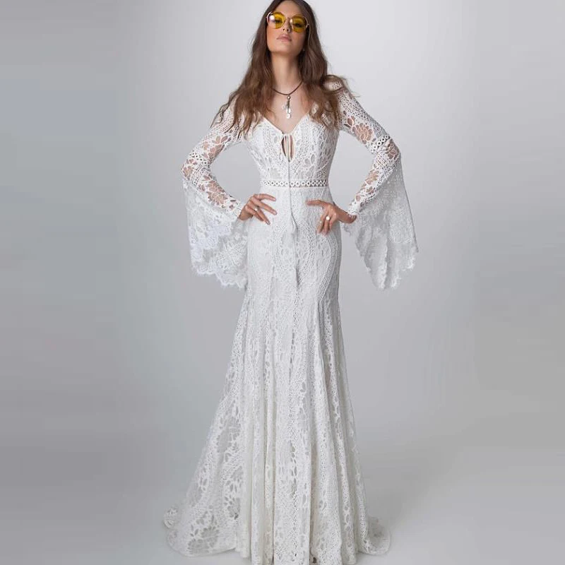 white lace gown with sleeves