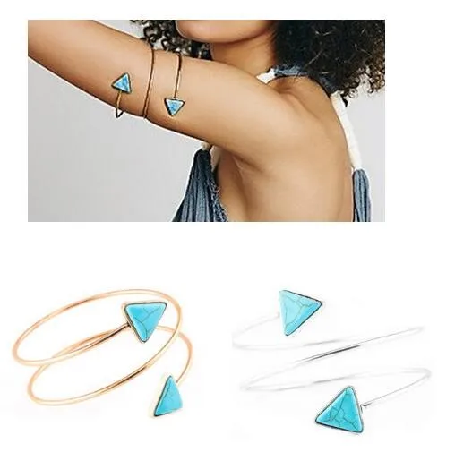 

Ethnic Turquoise Triangle Open Bangle Cuff Spiral Upper Arm Bracelet for Women, Silver,gold