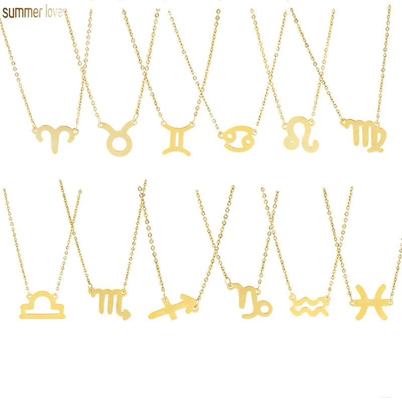 

2019 New Golden 12 Constellations Charm No Fade Stainless Steel Astrology Galaxy Zodiac Letter Pendant Choker Necklace Jewelry, Gold