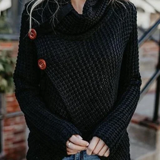 

E8 Autumn Winter Women Chunky Cowl Scarf Neck Asymmetric Hem Wrap Large Size Sweater Coat Button Details Full Sleeve cardigan, N/a