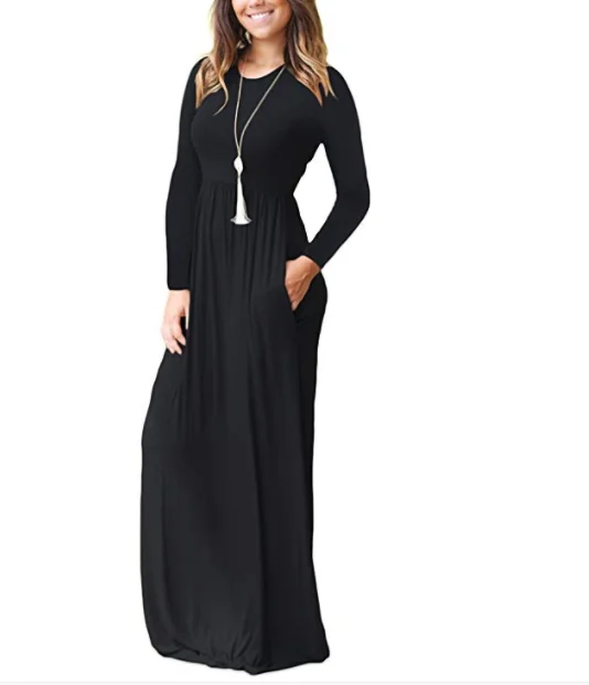 Women's Long Sleeve Loose Plain Maxi Dresses Casual Long Dresses with Pockets