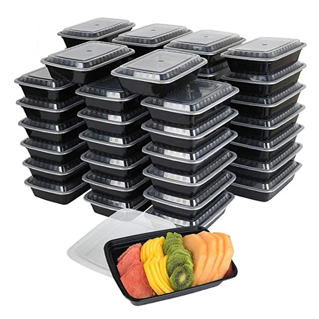 

750/1000ml 24/32oz can Heat to 120C Degree Black Rectangle Stackable Disposable PP Plastic Meal Prep Containers with Clear Lids, Transparent/black