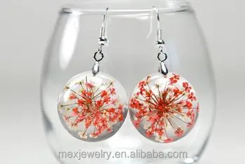 Red And White Dried Plant Real Flower Resin Earrings Queen Anne S