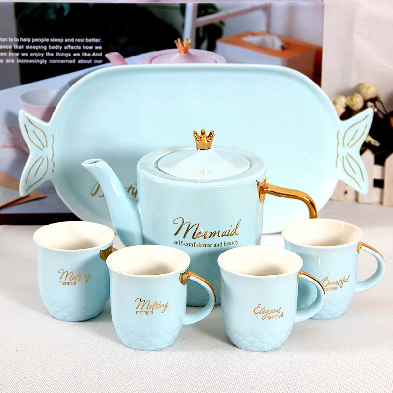 

Creative Mermaid Ceramic Tea cup Set New style Golden High-grade mug for Gift