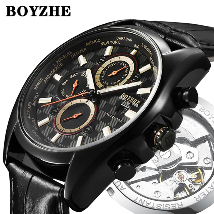 BOYZHE Spot Wholesale New Arrival Black Strap Hardness Mineral Glass Full Automatic Mechanical Private Label Automatic Watch