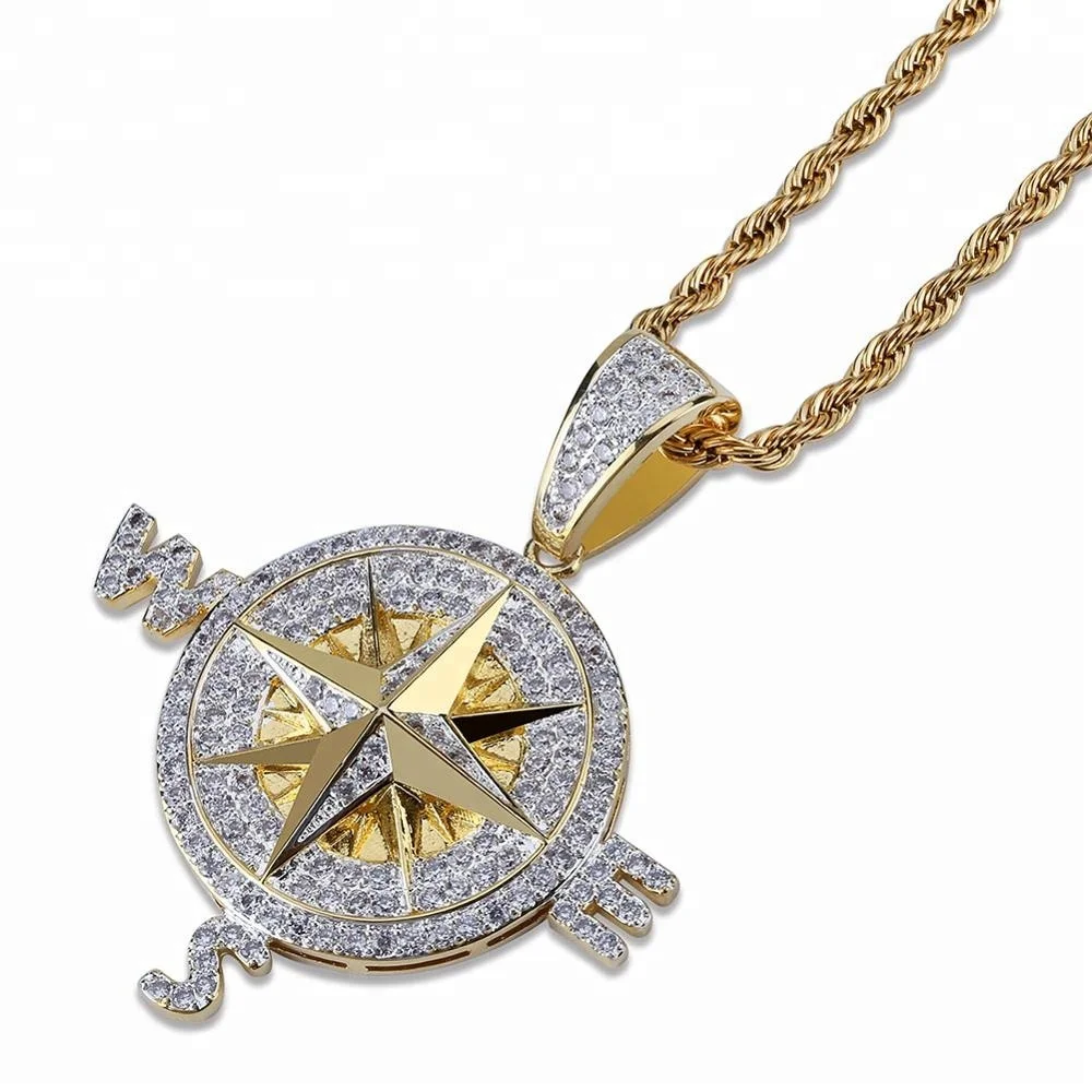 

Hip Hop Jewelry Gold Silver Micro Inlay Powder Zirconium Ice Cream Compass Pendant Necklace