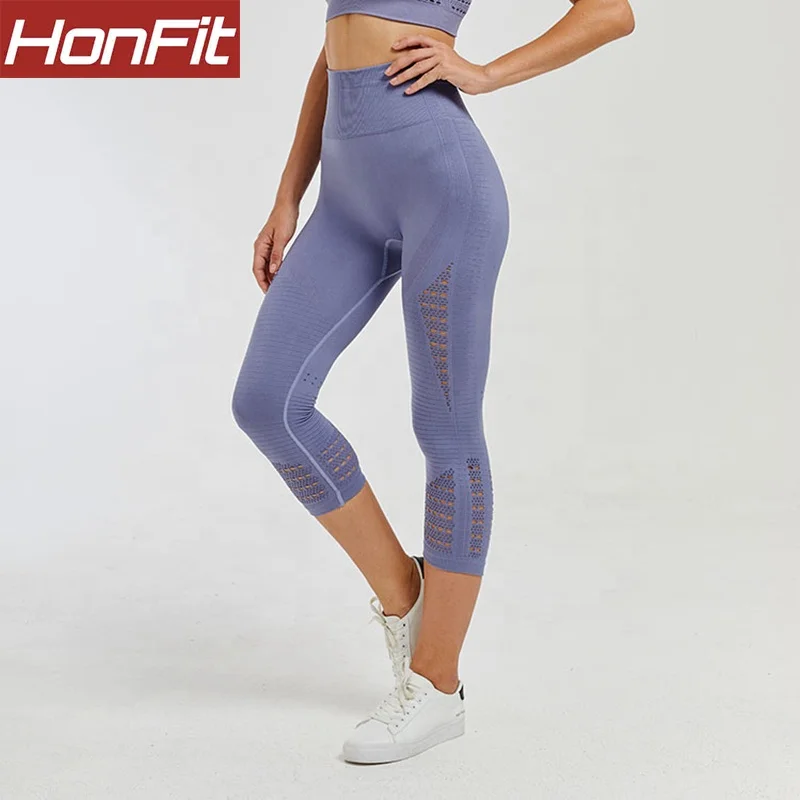

Wholesale High Waist 3/4 Training solid color seamless mesh gym grey yoga leggings, Customized colors