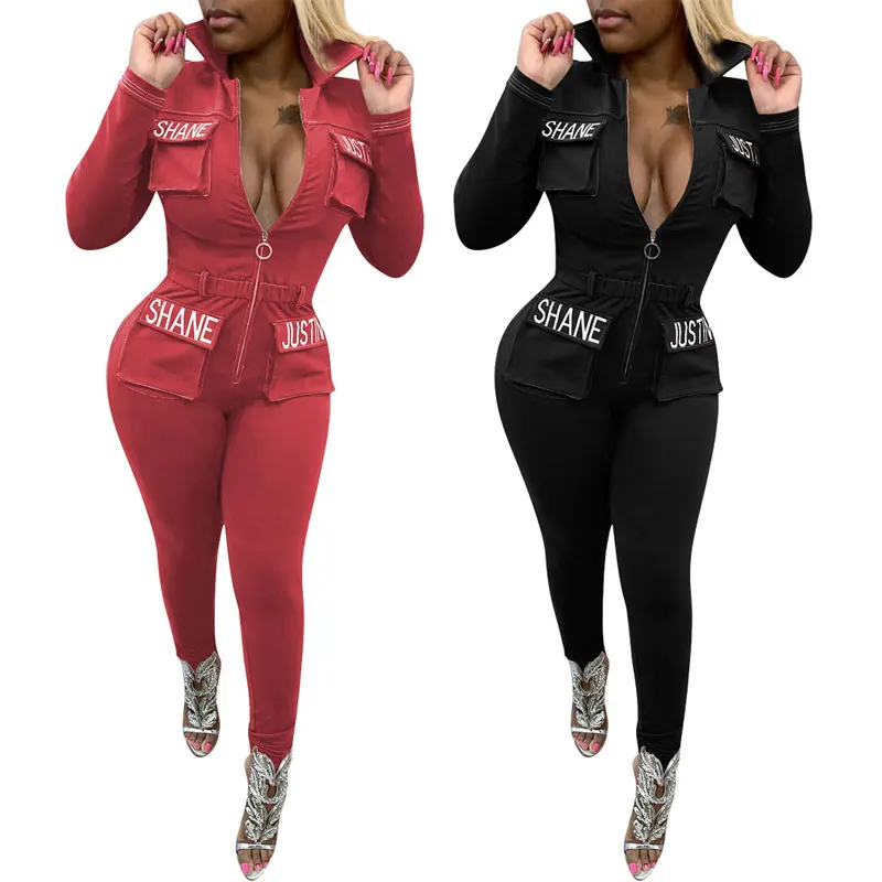 

81228-MX40 zipper long sleeve jumpsuit adult women with 4 pockets
