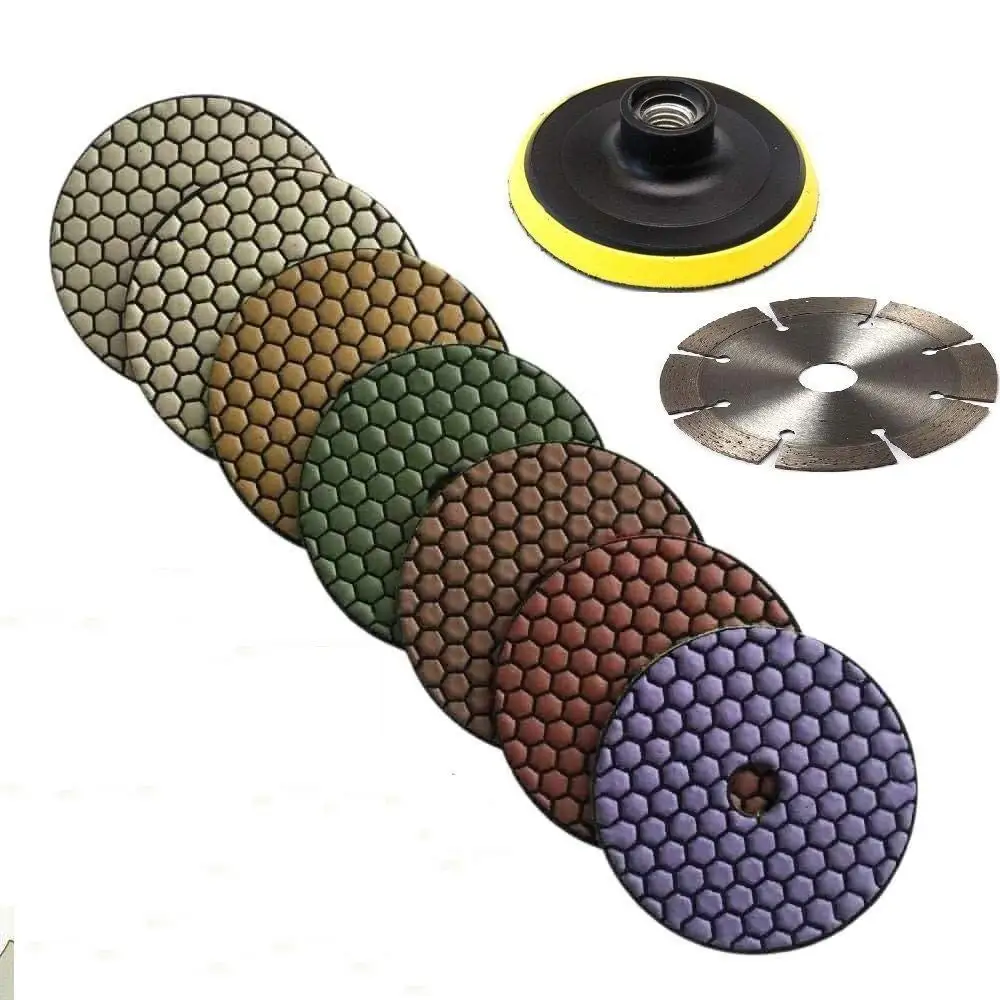 6" Diamond Dry Polishing Pad 7 + Backer + 2 Segmented Cutting Blade for natural stone granite marble Porcelain concrete masonry terrazzo quartz travertine grinder polisher sander tile floor