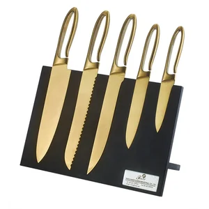 Image of Custom gold titanium stainless steel kitchen knife set with black block