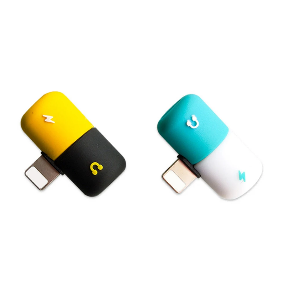 

New Products Mini Pill Shape 2 in 1 Fast usb Charger Adapter For iphone Jack to Earphone AUX Splitter, Black+yellow/white+blue