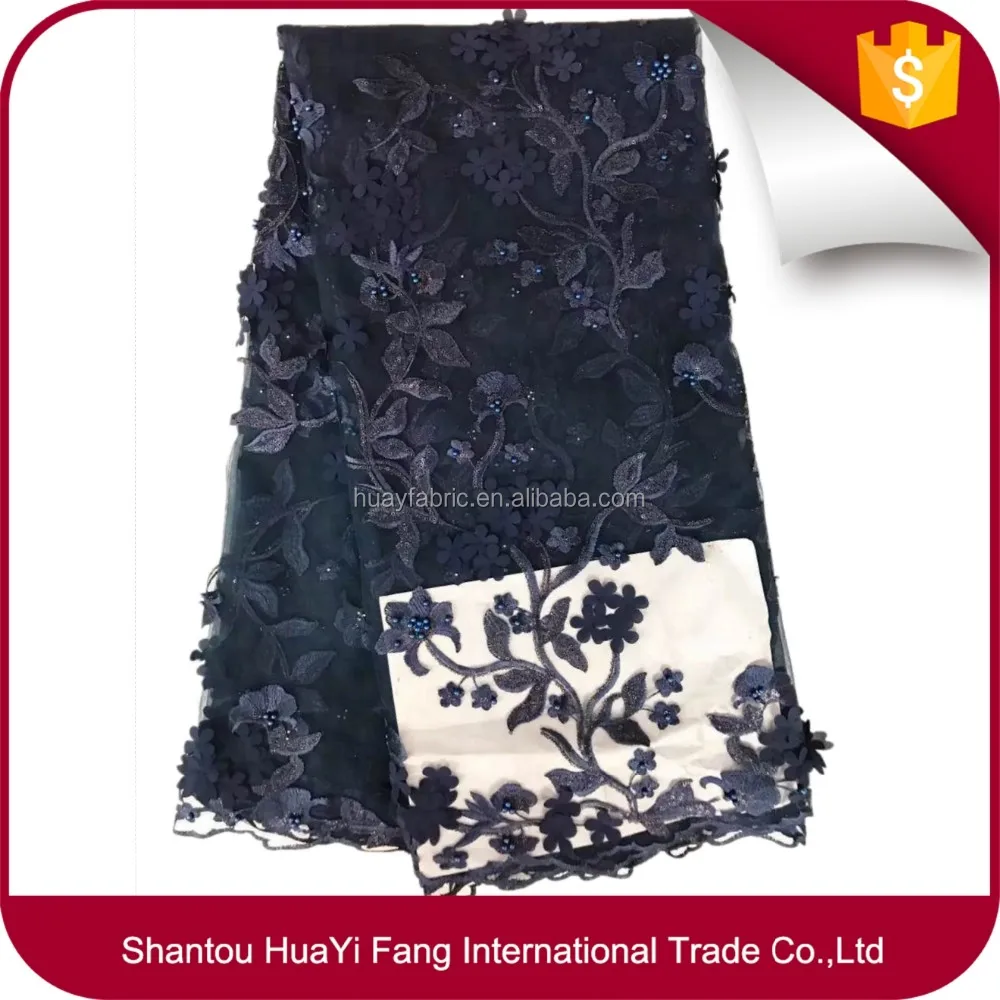 

High quality navy blue african tulle lace fabric 3d flower nice embroidery net lace with pearls HY0631-4, As pictures show