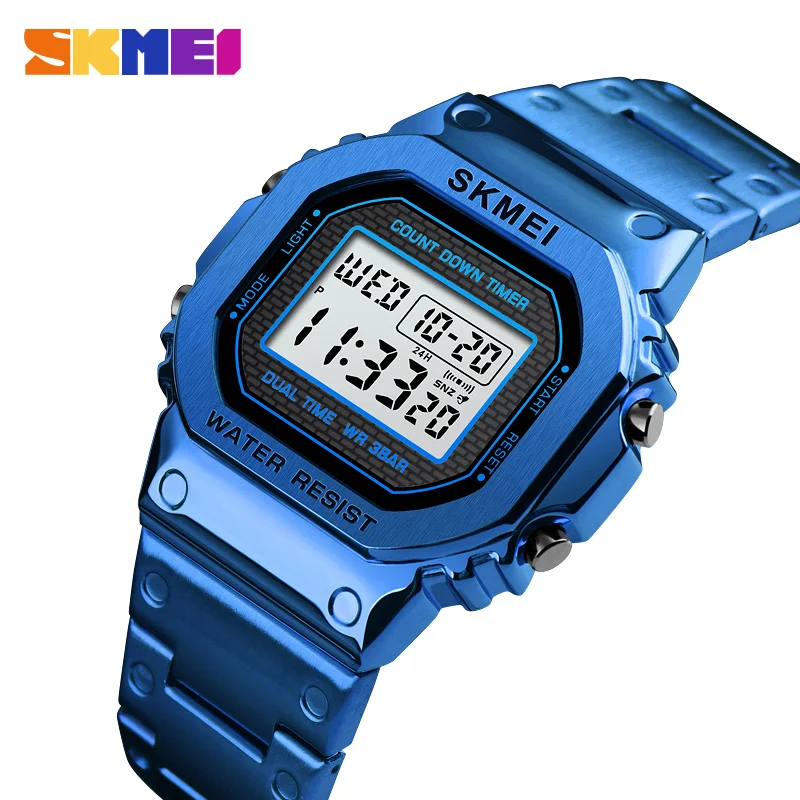 

SKMEI 1456 NEW Men's Digital Watches Luxury Stainless Steel Square Electronic Wristwatches Men Shock LED Sport Watch
