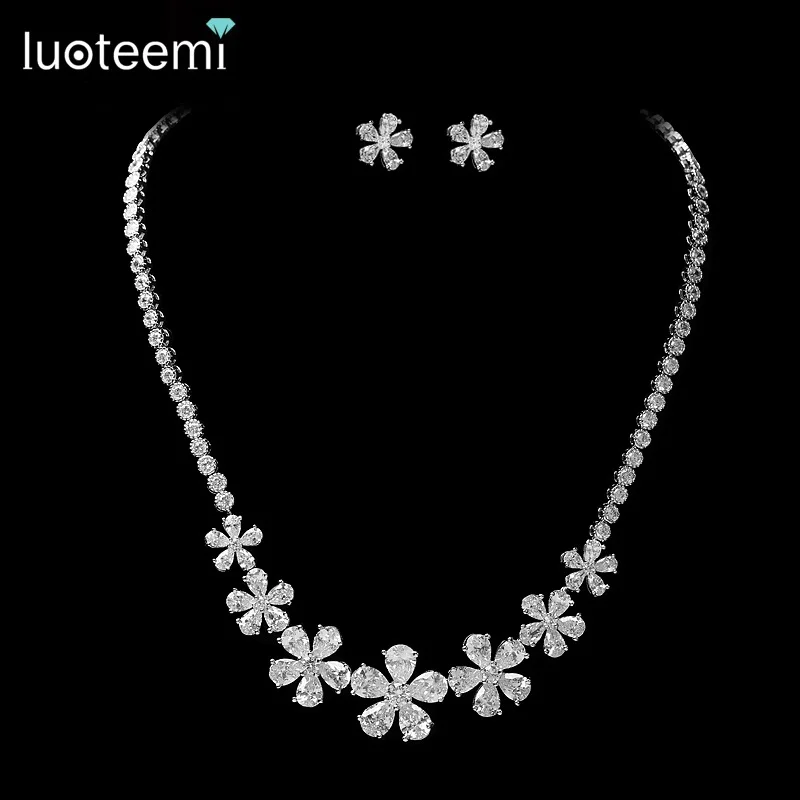 

LUOTEEMI Wholesale Luxury Gold Plated Bride AAA Cubic Zircon Flower Necklace And Earrings Wedding Jewelry Sets, N/a