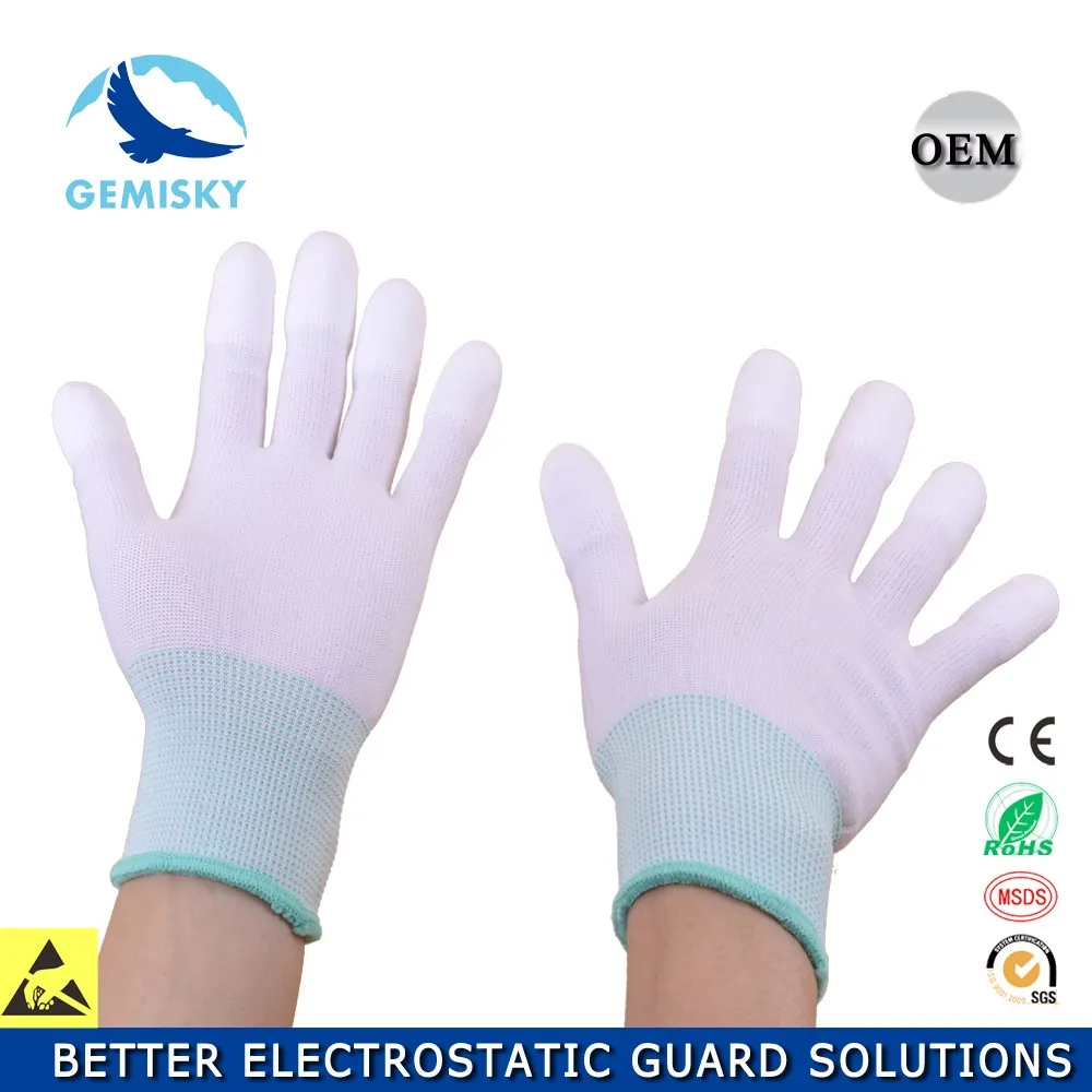 Dust Free White Pu Grey Stripe Palm Coating Gloves Esd Top Fit Gloves