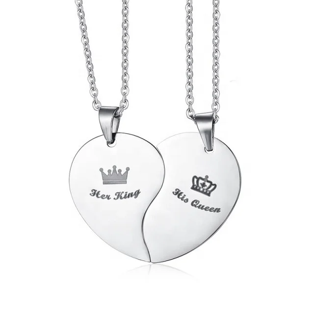 

His queen her king laser engrave couple romantic style simple fashion stainless steel broken heart chain necklace for lover, Silver