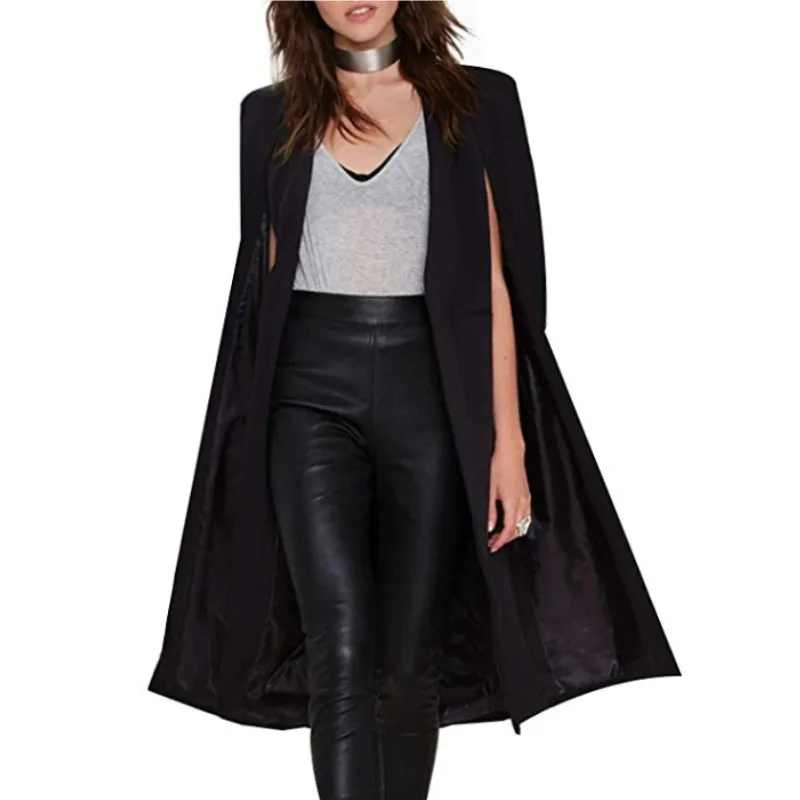 Women Elegant Suit Blazer Hot Selling Contrast Binding Open Front Cape Long Sleeve Blazer Longline Plain Outer Y10543