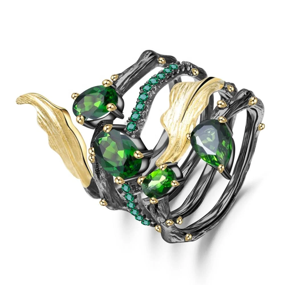 

Abiding leaf natural chrome diopside gemstone finger gold plated 925 sterling silver rings jewelry women