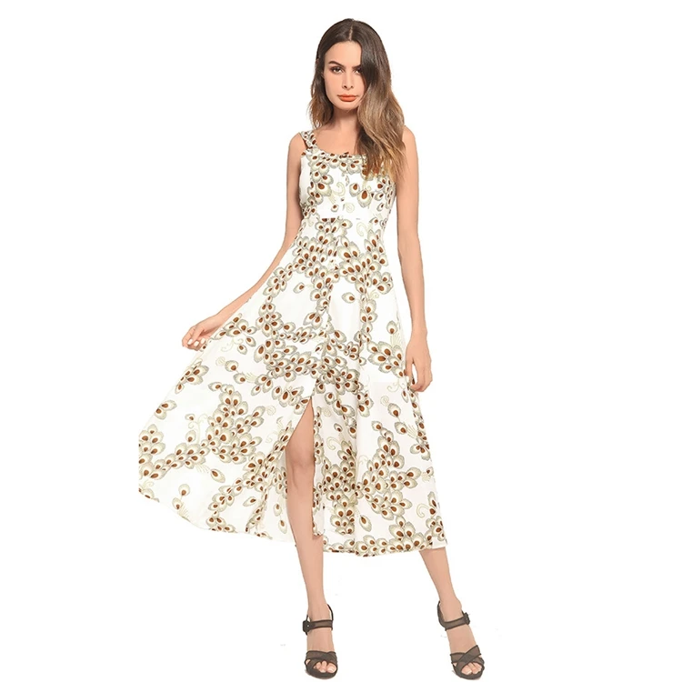 

Maxi pattern print slim sleeveless ruffles tank dress