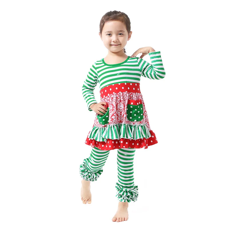 

Latest Cotton Long Sleeve Christmas Green Stripe Dress Ruffles Pants Clothing Sets