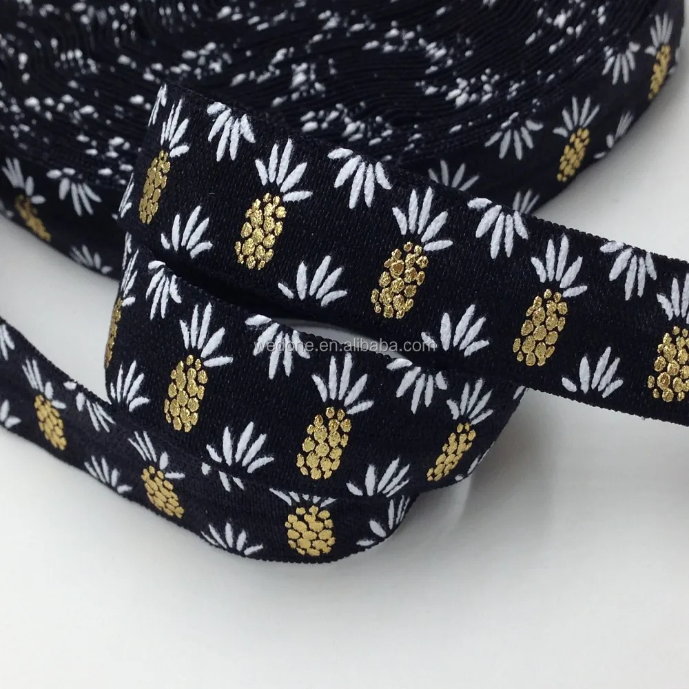 

100Yards/lot High Quality Black Pineapple Gold Foil Fold Over Elastic 5/8" Ananas FOE Ribbon for DIY Hairband Hair Accessories, As per picture