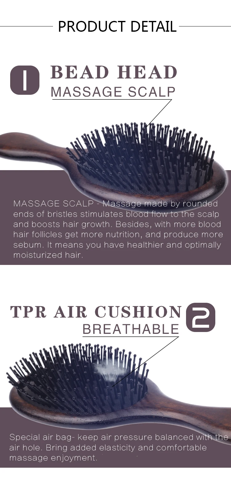 EUREKA 9265-DBR Engraved Wooden Hair Brush Rubber Wood Hair Brush Massage Classical Style Hair Brush