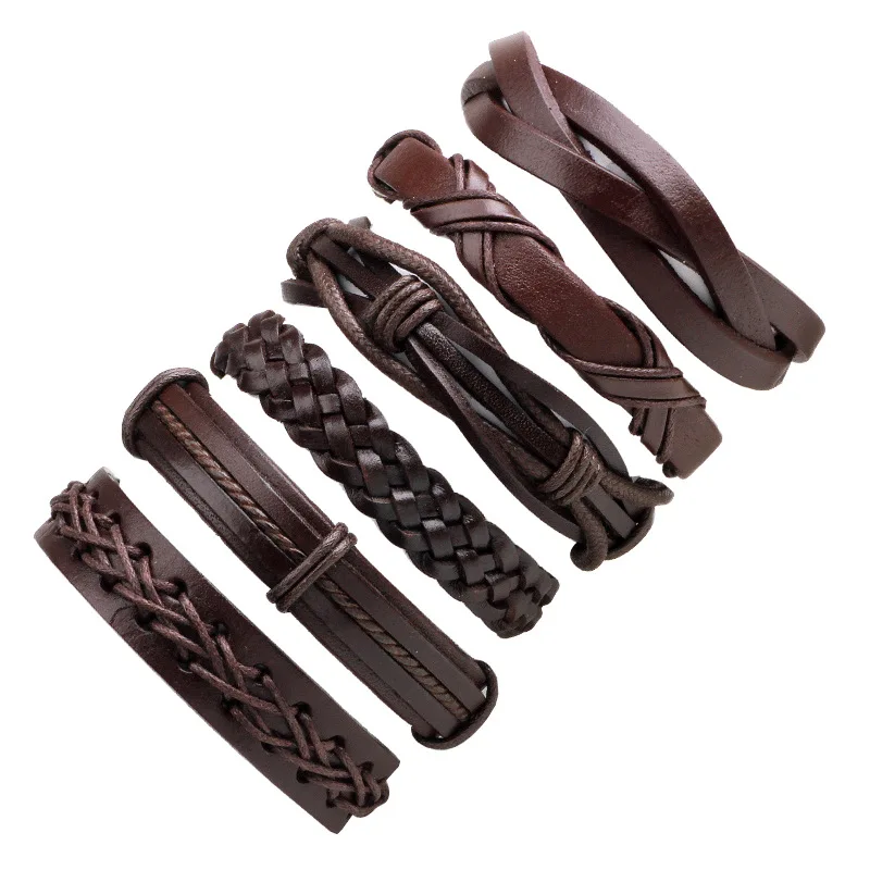 

Fashionable Boho Jewelry Handmade Leather Bracelet Set 6 Piece DIY Style New leather weave Bracelet and bangles for Men