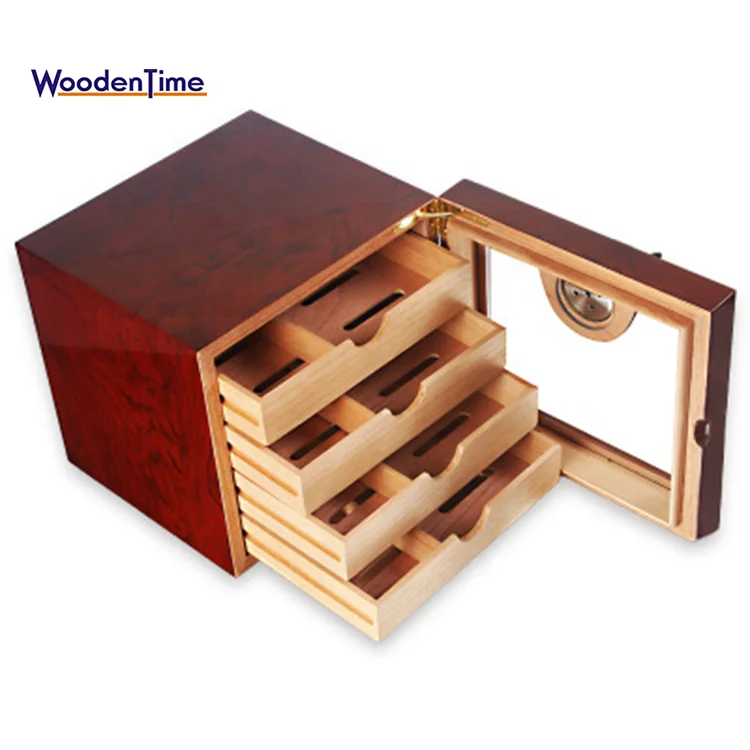 

Guangzhou Factory Wholesale Custom High Gloss 4 Drawers Luxury Spanish Cigar Humidor Cedar Wooden Box, Customized