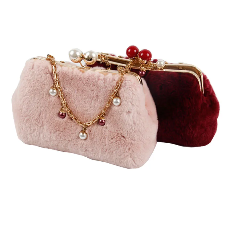 
Wholesale rabbit hair ladies handbag with diamond lock buckle fur bag new winter fashion shoulder bag Messenger bag 