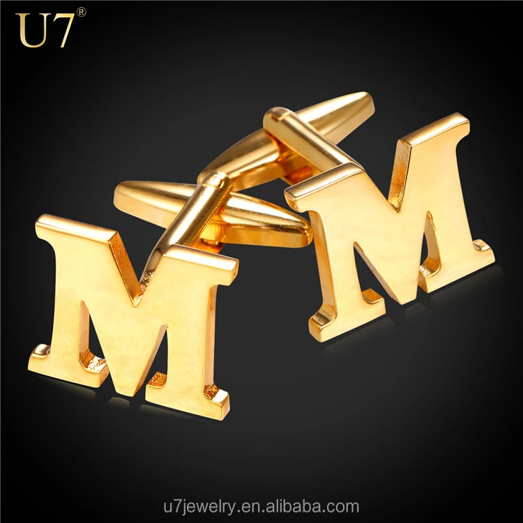 

U7 Men Cufflinks Alphabet Letter M French Nail Business Shirts Trendy Accessories yellow Real Gold/Platinum Plated Men Gift, Gold/platinum color