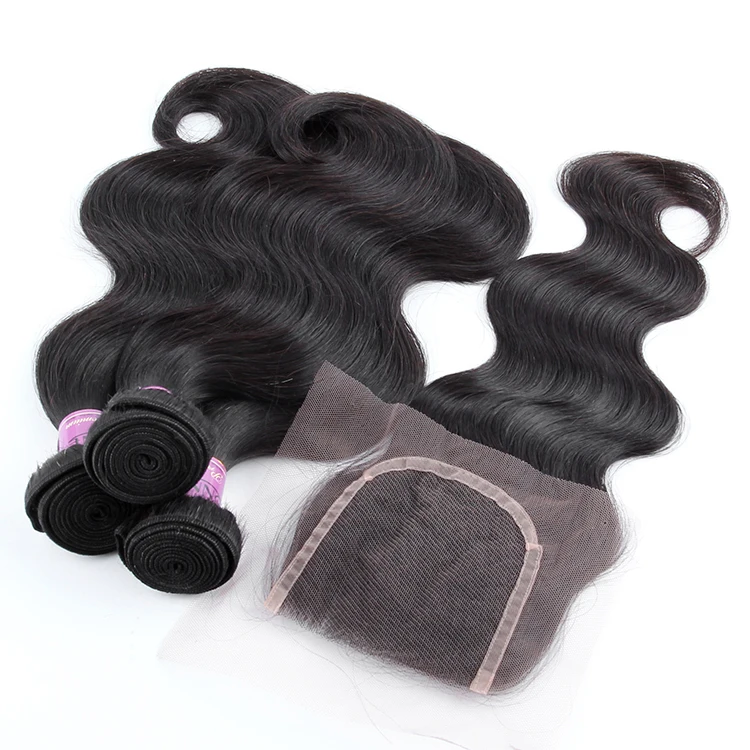 

Brazilian Body Wave Human Hair 3 Bundles With Lace Closure Free Part 4 Pcs/Lot Remy Hair Weave Extensions, Natural color(#1b)