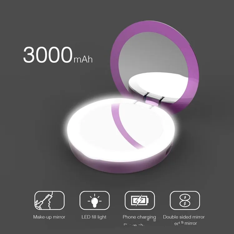 New 3000mAH Power Bank Portable Charger LED Light Cosmetic Mirror for Cell Phone - ANKUX.COM