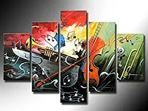 Ode-Rin Art Christmas Gift 100% Hand Painted on Canvas Abstract Creative Musical Instrument Paintings Wall Art Oil Painting 5-pieces Artwork for Living Room Home and Wall Decoration