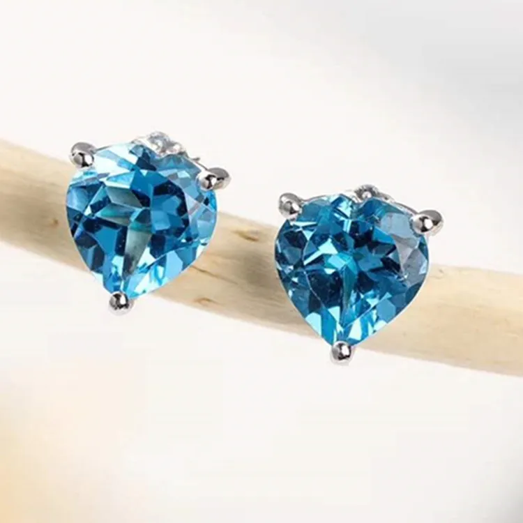 

Wholesale New Design Fashion romantic natural blue topaz heart shape stud Earrings 925 silver