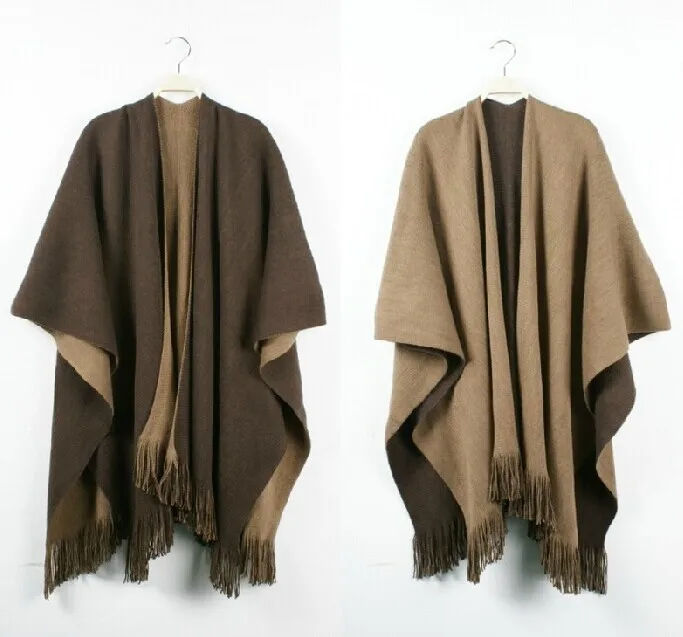 
New Women Yak Wool Cape Shawl Blanket Solid Color Double Sides Wear Fashion Ruana Fringe Kimono Poncho 