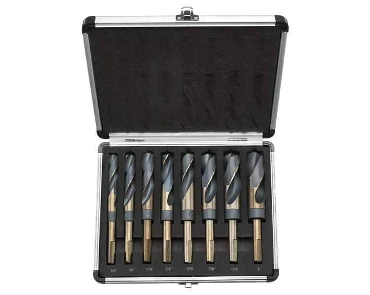 8Pcs Large Size Inch 1/2" Silver and Deming HSS Reduced Shank Drill Bit Set in Aluminium Box