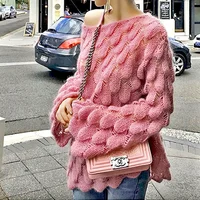 

Spring and autumn new hollow loose pullover thin style knitwear flared sleeve a word collar shoulder sweater women