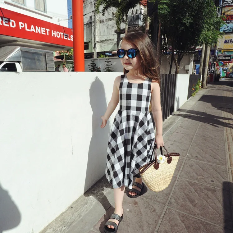 Summer style sleeveless font b dress b font for girls black white plaid veat font b