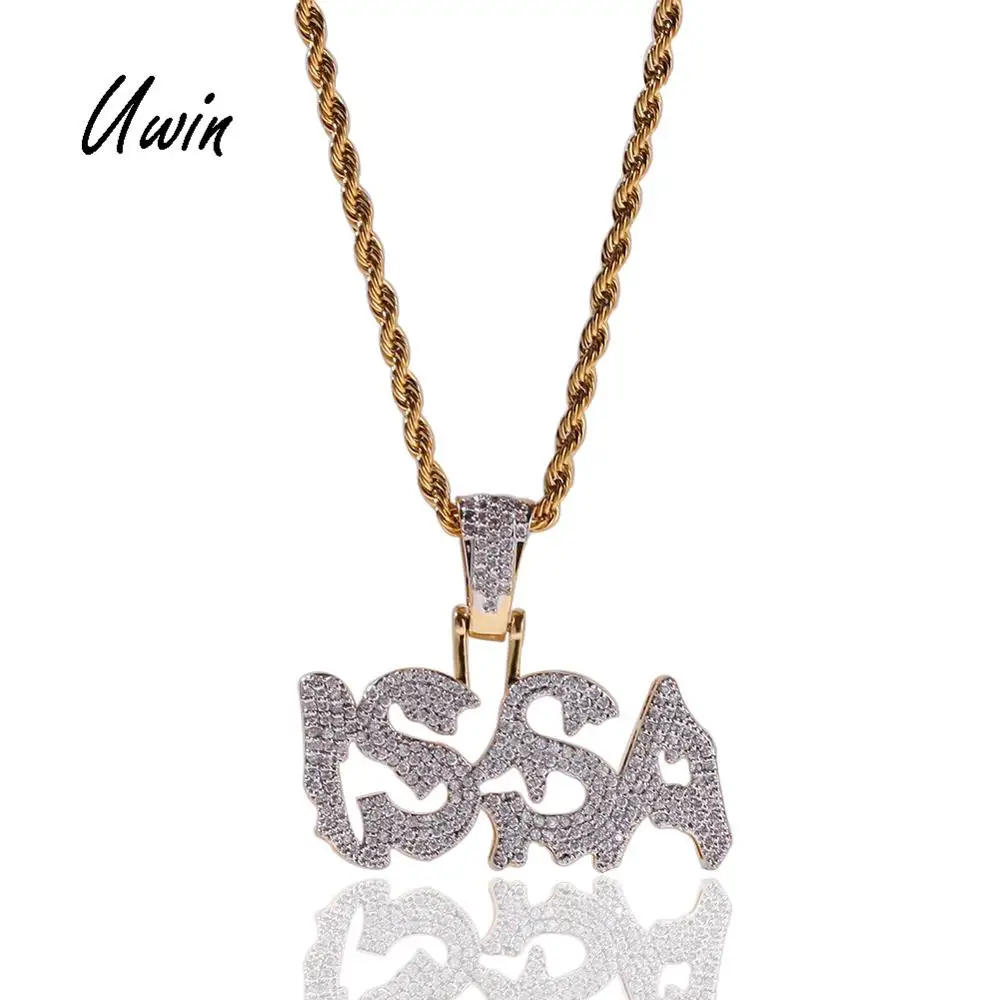 

Wholesale Fashion Gold Brass Sparkling Zircon ISSA Letter Statement Pendant Necklace Men Hiphop Charms Jewelry Trendy