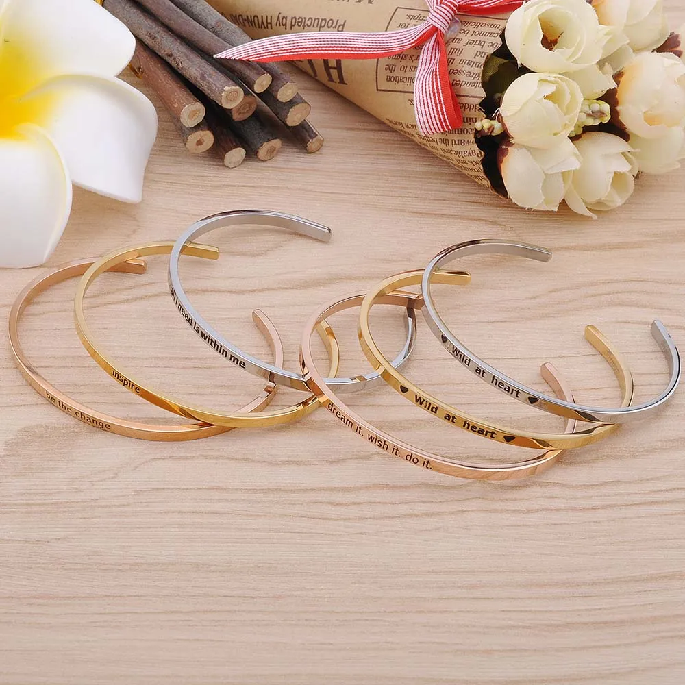 Wholesale Custom Logo 316L Stainless Steel Jewelry Engraved Inspirational Stampe Message Bangles Cuff Bracelets For Women