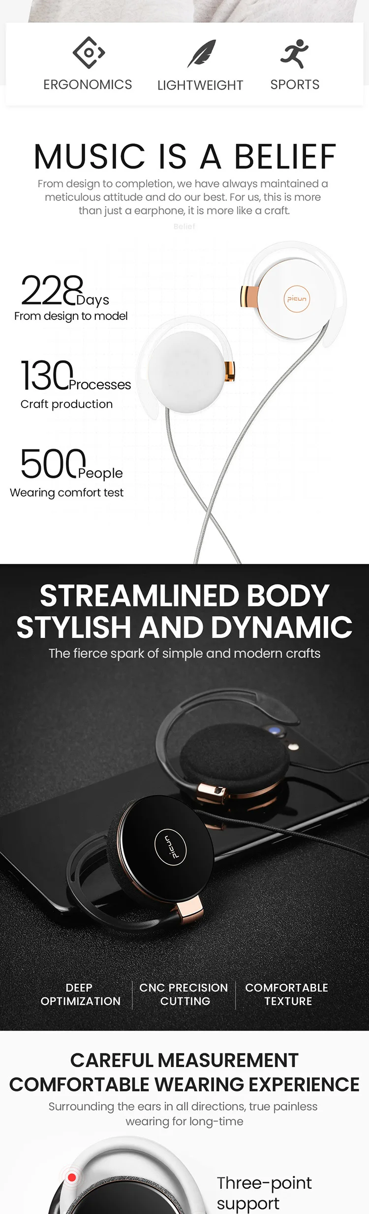 Picun L1 Universal Line In Control Volume Media Ear Hook Earphones
