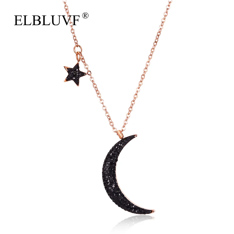 

ELBLUVF Free Shipping Stainless Steel Rose Gold Moon Star Black Glass Drill Pendant Necklace