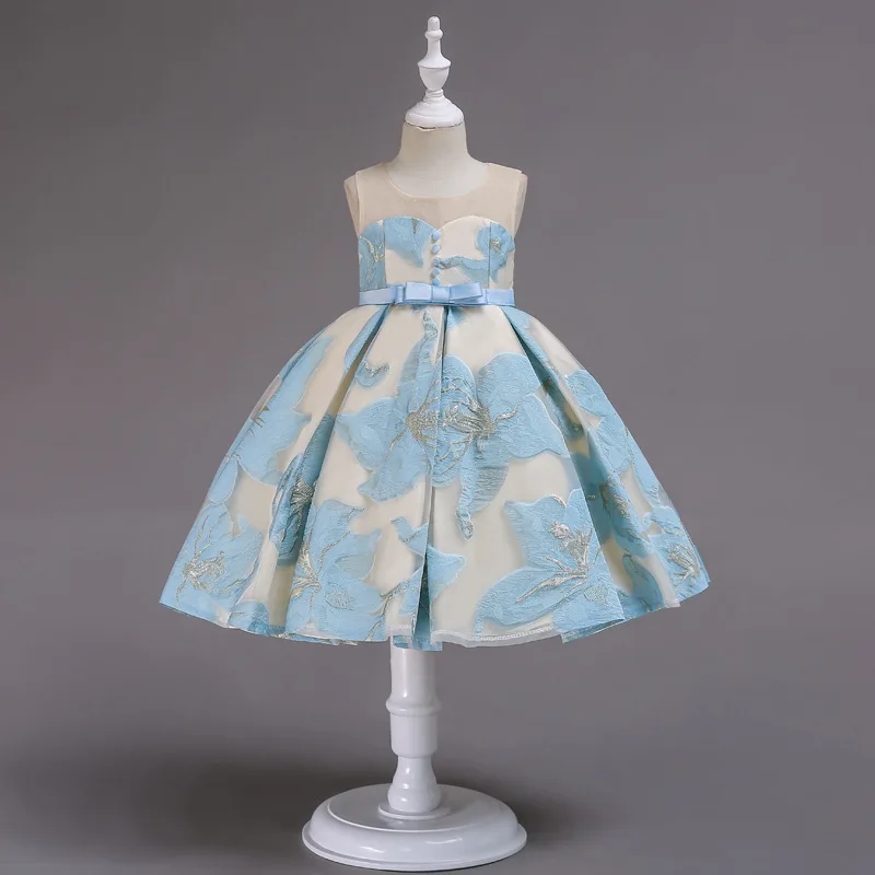 floral pattern baby blue wedding dress for 3-12 years old kids