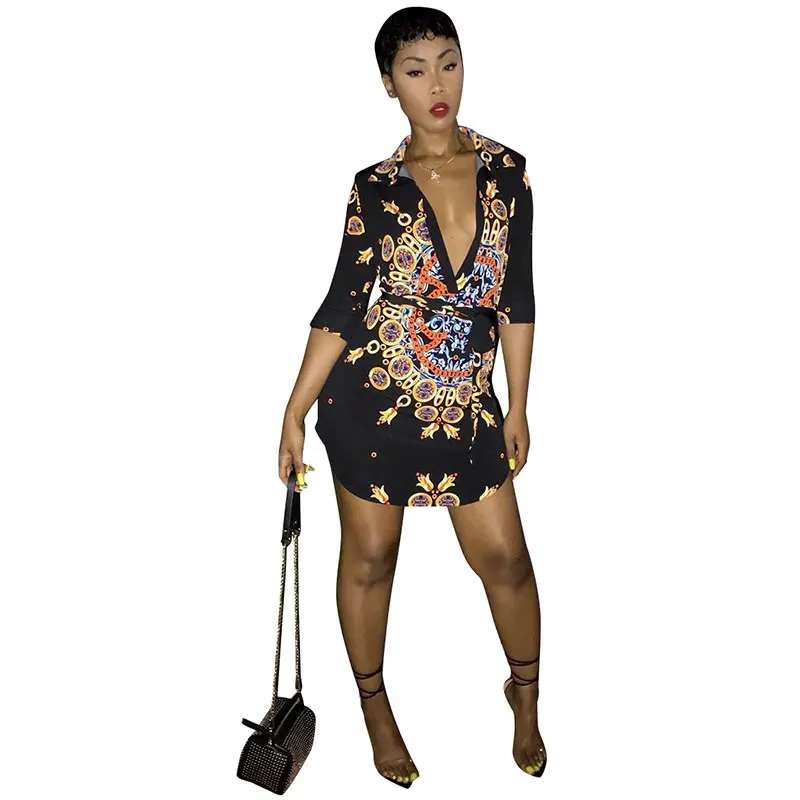 

Turndown Collar Printed Blouse Dress, As shown