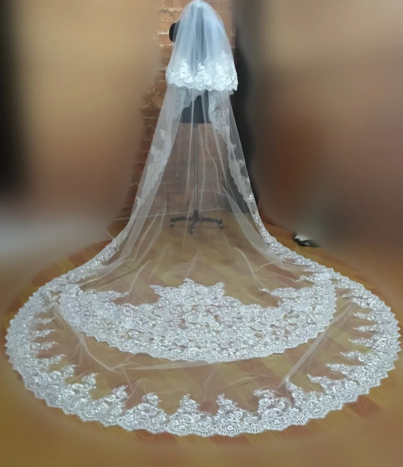 

Eslieb Wedding Veil 3.5 Meters Length 1.8M Width Real Image 2019 Lace Cathedral Bridal Veils with Comb velo velo de novia voile